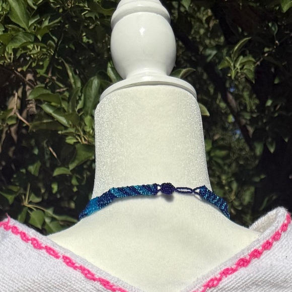 Handmade by Artist Light and Dark Blue Intricate Beaded Necklace - Picture 5 of 6